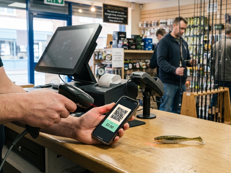 A barcode scanner at a shop till reading the on-screen barcode from a phone